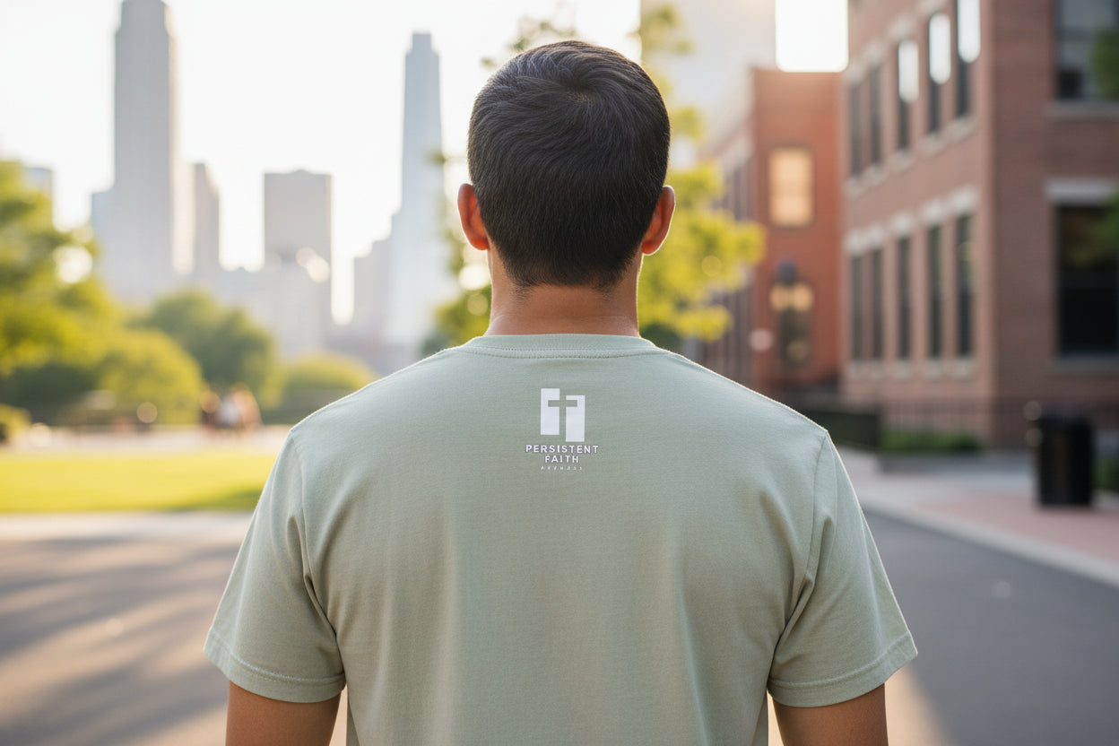 stone t-shirt with Persistent Faith Apparel logo