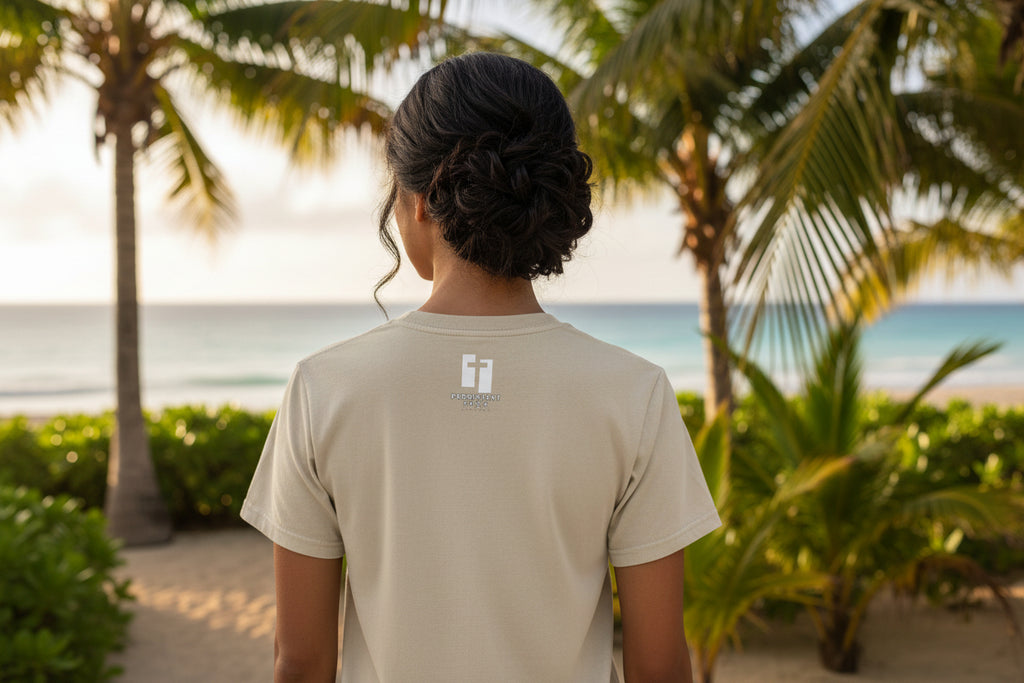 Beige t-shirt with Persistent Faith Apparel logo ont he back