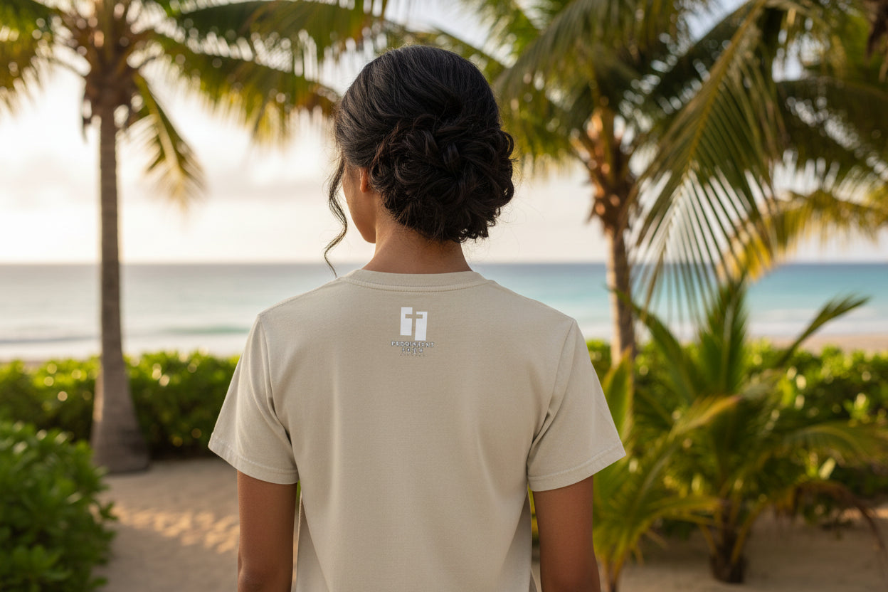 Beige t-shirt with Persistent Faith Apparel logo ont he back