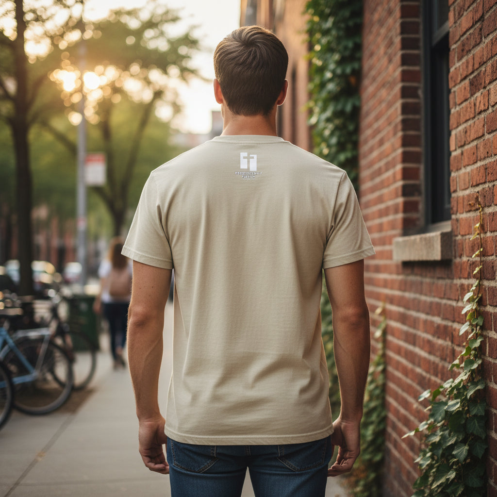 Beige t-shirt with Persistent Faith Apparel Logo