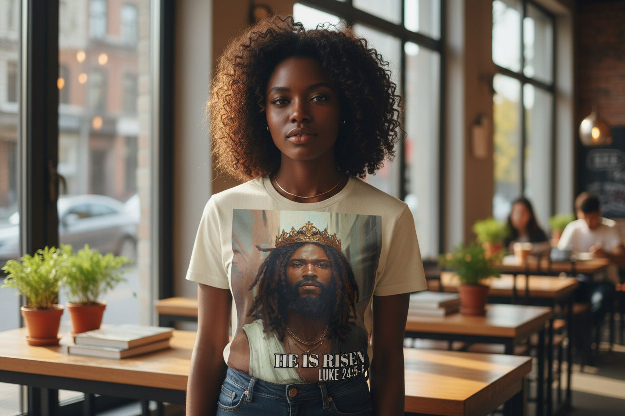 Beige t-shirt with a graphic of Black Jesus wearing a crown and 'He is Risen' text on a white background