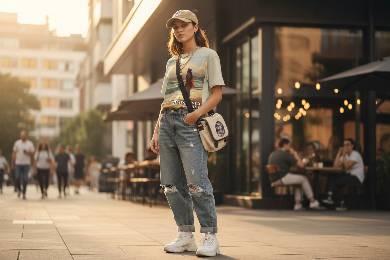Woman standing on a city street wearing a cap, patterned shirt of Pacific Island Jesus, and jeans.