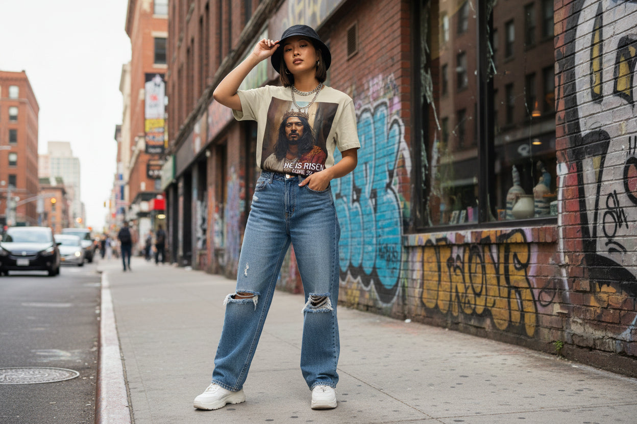 Person wearing a graphic t-shirt of Asian Jesus and jeans standing on a city street with graffiti.