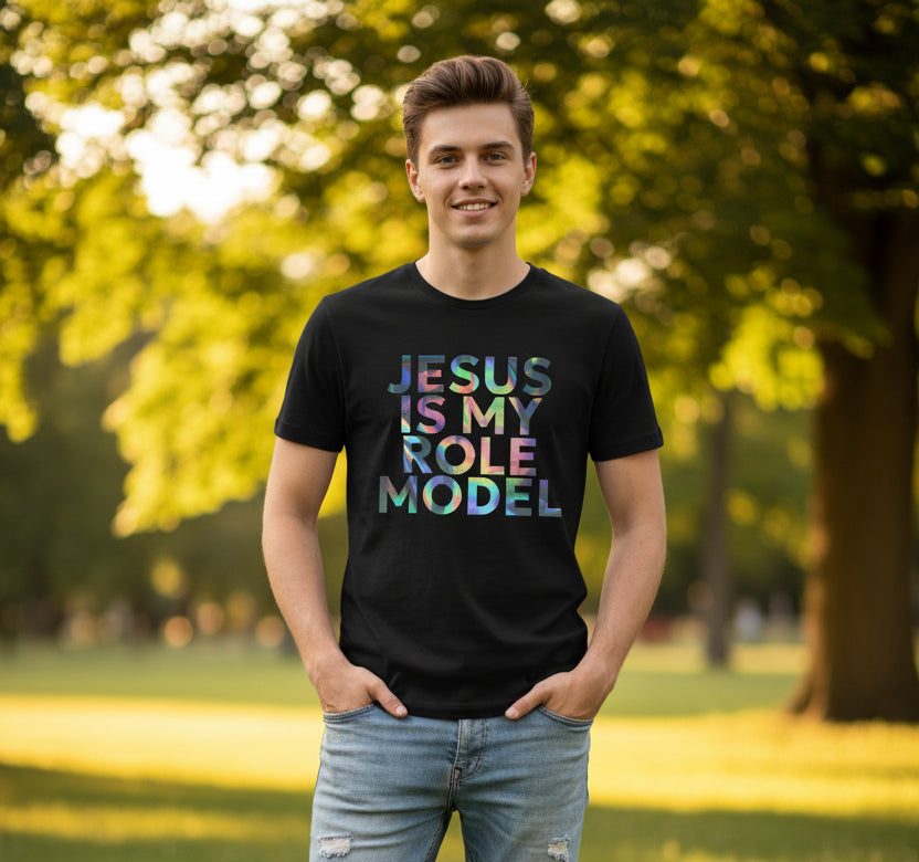 Black t-shirt with 'Jesus is my role model' text in colorful letters on a white background