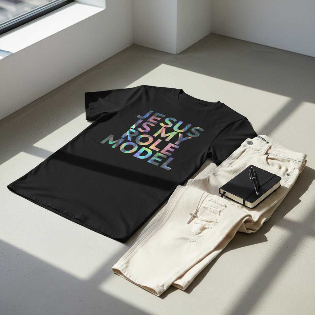 Black t-shirt with 'Jesus is my role model' text in colorful letters on a white background
