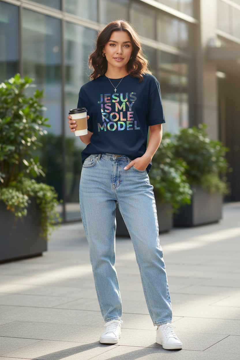Navy blue t-shirt with 'Jesus is my role model' text in colorful letters on a white background