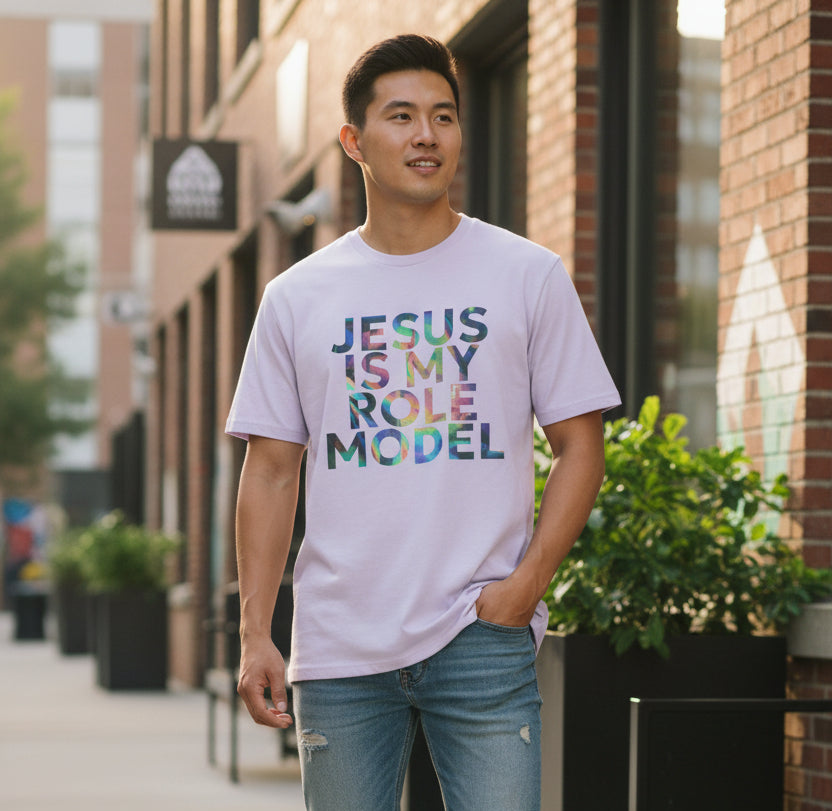 Lavender t-shirt with 'Jesus is my role model' text in colorful letters on a white background