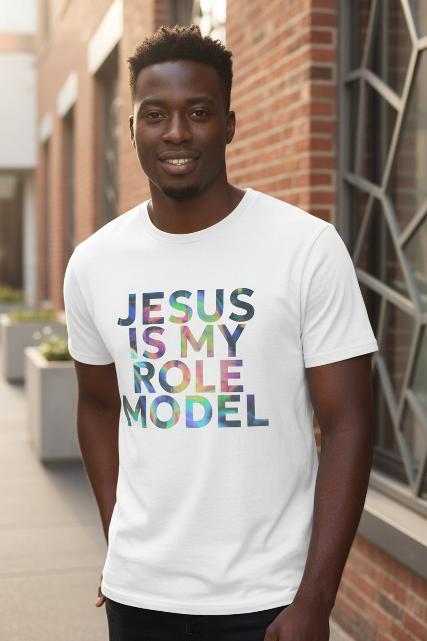 White t-shirt with 'Jesus is my role model' text in colorful letters on a white background
