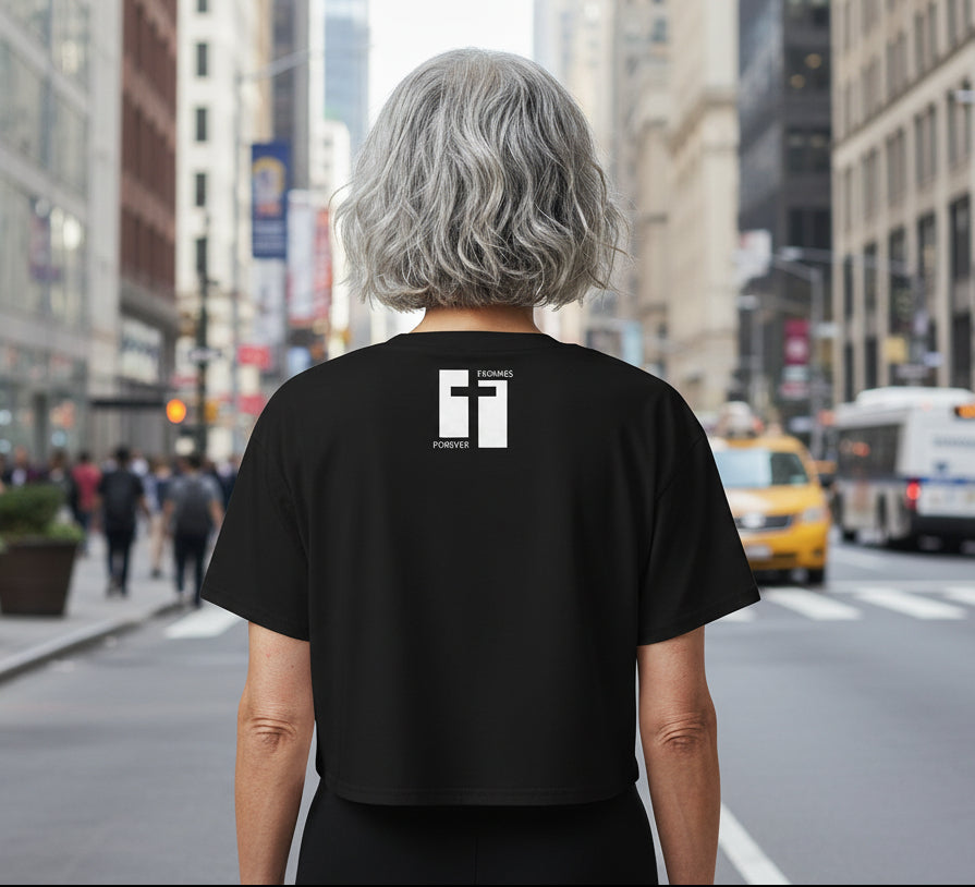Black t-shirt with a logo on the back against a white background