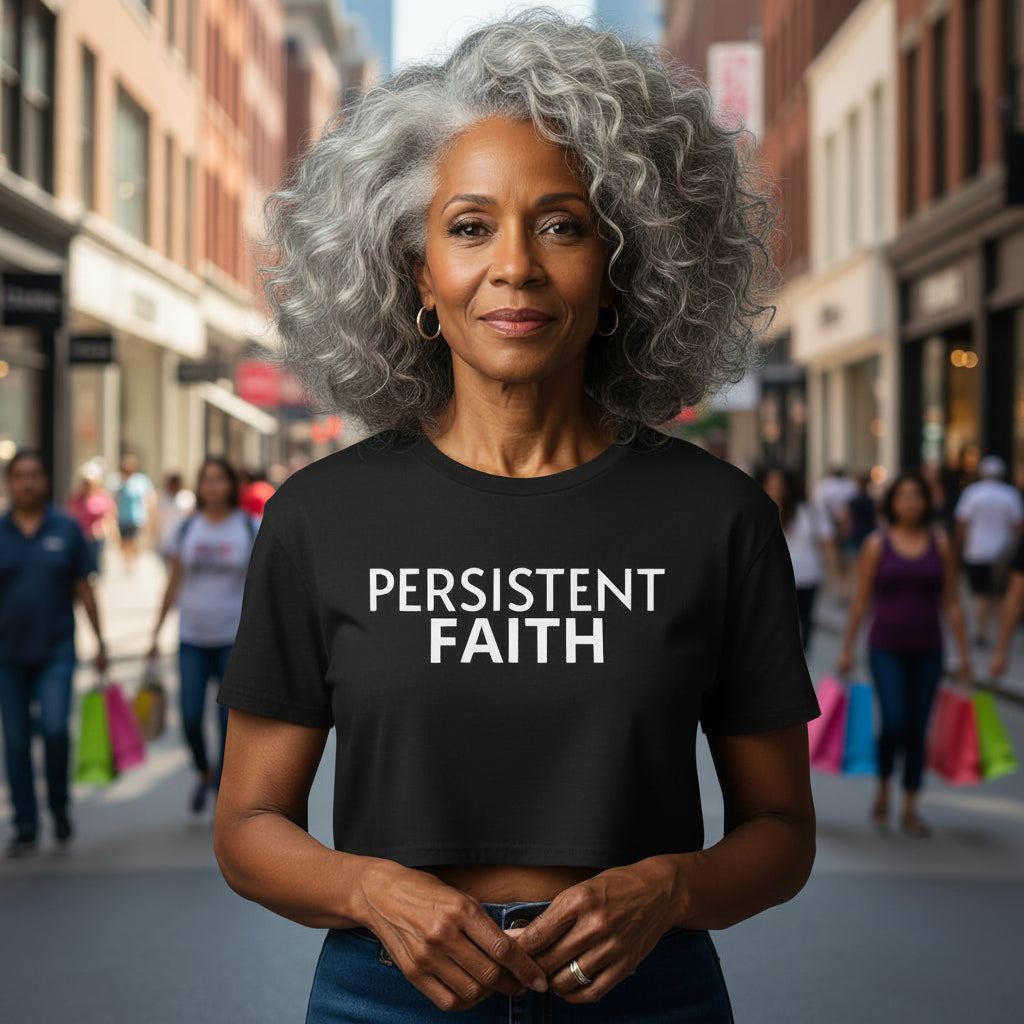 Black crop top with 'PERSISTENT FAITH' text on a gray background