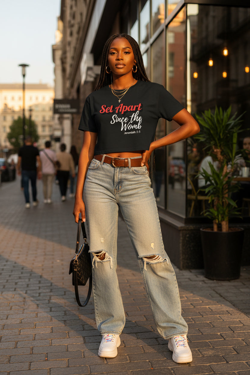 Black t-shirt with red and white text on a white background