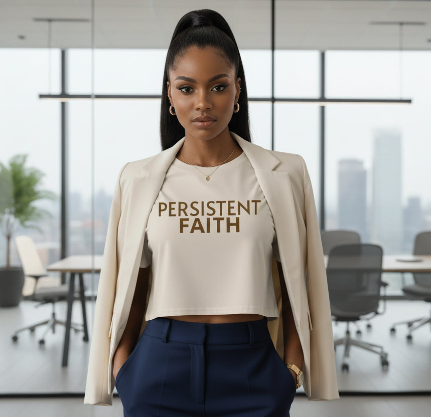Bone crop top with 'PERSISTENT FAITH' in brown text on a white background