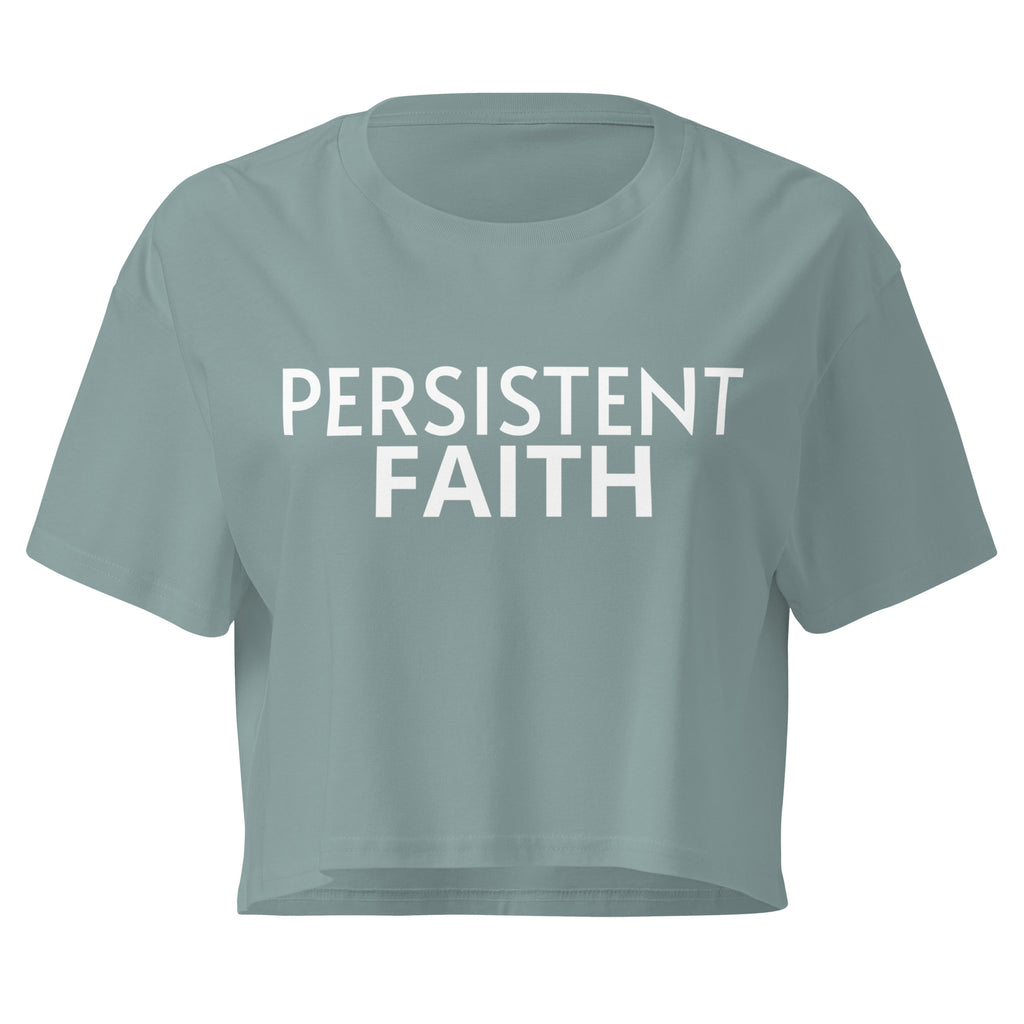 Mineral green crop top with 'Persistent Faith Apparel' printed in white on a white background