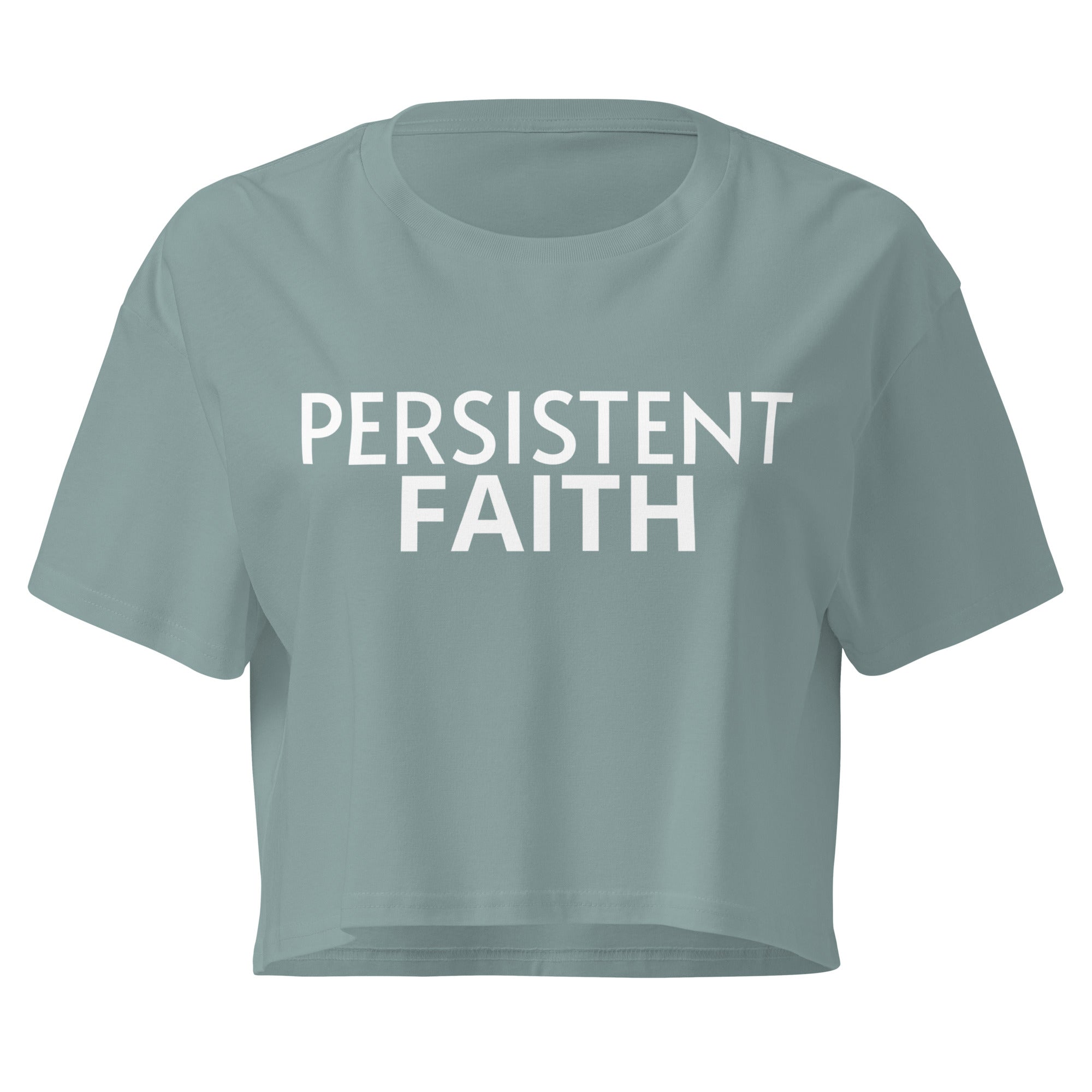 Mineral green crop top with 'Persistent Faith Apparel' printed in white on a white background