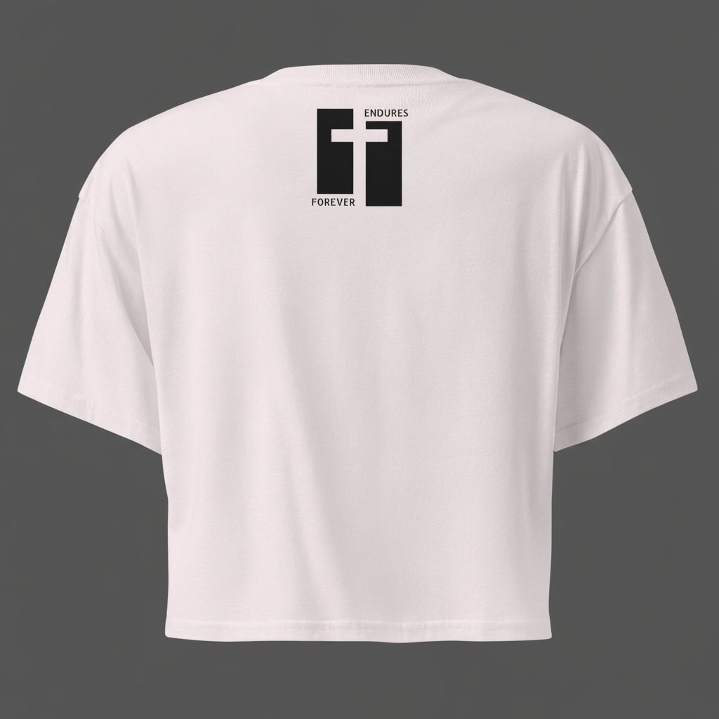 Orchid Cropped t-shirt with a black cross design with text 'Endures Forever' on the back against a white background