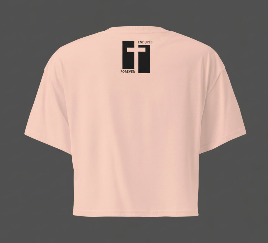 Pale Pink t-shirt with a black cross design and text on the back against a gray background
