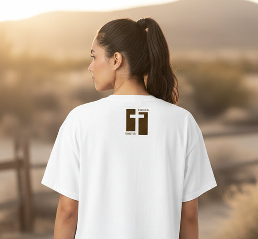 White t-shirt with a brown cross design on the back against a white background
